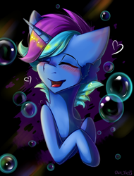 Size: 1980x2604 | Tagged: safe, artist:yuris, imported from derpibooru, oc, oc only, oc:darallex, pony, unicorn, abstract background, blue skin, bubble, bust, commission, eyes closed, horn, male, portrait, simple background, smiling, solo, two toned mane, unicorn oc