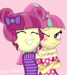 Size: 638x709 | Tagged: safe, artist:suzanflour508, imported from derpibooru, majorette, sour sweet, sweeten sour, human, equestria girls, blushing, eyes closed, female, grin, hug, long lost twins, one eye closed, siblings, sisters, smiling, sweetly and sourly, twin sisters, twins