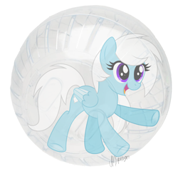 Size: 2292x2177 | Tagged: safe, artist:feather_bloom, imported from derpibooru, oc, oc:feather_bloom, pegasus, pony, hamster ball, joy, silly, simple background, solo, sparkly eyes, wingding eyes