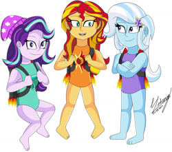 Size: 1280x1133 | Tagged: safe, artist:denisseguadiana, imported from derpibooru, starlight glimmer, sunset shimmer, trixie, human, equestria girls, clothes, flying, jetpack, leotard, simple background, white background