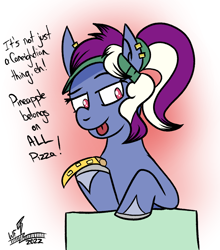 Size: 822x935 | Tagged: safe, artist:whirlwindflux, imported from derpibooru, oc, oc only, oc:single slice, earth pony, pony, female, mare, pineapple pizza, solo, tongue out