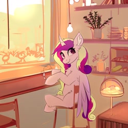 Size: 1950x1950 | Tagged: safe, artist:nyota71, imported from twibooru, princess cadance, alicorn, pony, bread, chair, female, food, image, lamp, mare, needs more jpeg, shop, sitting, smiling, solo, wip