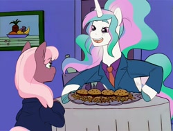 Size: 2948x2224 | Tagged: safe, artist:aztrial, imported from derpibooru, cheerilee, princess celestia, alicorn, earth pony, alternate hairstyle, burger, clothes, food, french fries, hamburger, holding, meme, necktie, ponified meme, ponytail, principal skinner, reference to another series, simpsons did it, steamed hams, suit, superintendent chalmers, the simpsons, tray