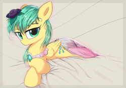 Size: 3080x2159 | Tagged: safe, artist:vultraz, sunshower raindrops, pegasus, pony, clothes, cutie mark, dress, featured image, female, flower, gala dress, jewelry, looking at you, mare, necklace, prone, sitting, solo