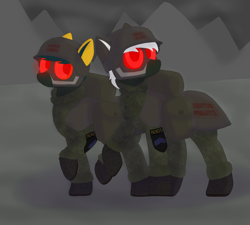 Size: 5000x4500 | Tagged: safe, artist:suidian, imported from derpibooru, oc, earth pony, pony, fallout equestria, armor, bag, boots, camouflage, clothes, duo, equal sign, equality, helmet, masks, saddle bag, shoes