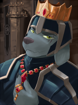 Size: 156x210 | Tagged: artist needed, source needed, safe, imported from derpibooru, oc, oc only, diamond dog, equestria at war mod, armor, bust, clothes, crown, diamond dog oc, green eyes, jewelry, male, necklace, portrait, regalia, royalty, scar, smiling, smirk