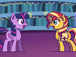 Size: 1800x1350 | Tagged: safe, artist:flutterluv, imported from derpibooru, part of a set, sunset shimmer, twilight sparkle, alicorn, pony, unicorn, equestria girls, atg 2022, bag, bookshelf, duo, looking at each other, looking at someone, newbie artist training grounds, part of a series, saddle bag, twilight sparkle (alicorn)