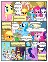 Size: 612x792 | Tagged: safe, artist:newbiespud, edit, edited screencap, imported from derpibooru, screencap, applejack, fluttershy, pinkie pie, rainbow dash, rarity, spike, twilight sparkle, alicorn, dragon, earth pony, pegasus, pony, unicorn, comic:friendship is dragons, canterlot castle, comic, dialogue, eyelashes, female, flying, freckles, hat, male, mane seven, mane six, mare, outdoors, screencap comic, smiling, twilight sparkle (alicorn)