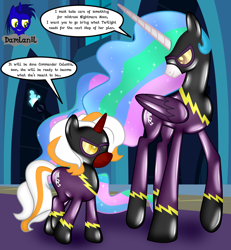 Size: 3840x4154 | Tagged: safe, artist:damlanil, imported from derpibooru, princess celestia, oc, oc:sunday cream, alicorn, pony, unicorn, clothes, comic, commission, costume, duo, ethereal mane, female, glasses, goggles, horn, latex, latex suit, mare, rubber, rubber drone, shadowbolt drone, shadowbolts, shadowbolts (nightmare moon's minions), shadowbolts costume, shiny, show accurate, smiling, speech bubble, story, story included, suit, text, vector, wings