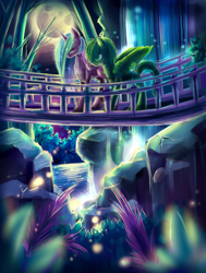 Size: 2500x3300 | Tagged: safe, artist:aquagalaxy, imported from derpibooru, princess celestia, oc, oc:emerald rescue, alicorn, pegasus, pony, bridge, high res, moon, night, solo, water