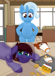 Size: 2248x3094 | Tagged: safe, artist:xppp1n, imported from ponybooru, trixie, oc, oc:peeps, pony, unicorn, bipedal, burger king, crying, female, hooves on hips, looking down, male, mare, meme, nugget, ponified, ponified meme, soda, spill, stallion