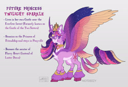 Size: 1920x1317 | Tagged: safe, artist:sakishithewolf, imported from twibooru, twilight sparkle, alicorn, pony, alternate design, cheek fluff, chest fluff, cloven hooves, coat markings, colored hooves, colored wings, crown, curved horn, ear fluff, ethereal mane, facial hair, facial markings, feathered ears, female, goatee, gradient wings, headcanon, hoof fluff, horn, image, jewelry, leonine tail, looking at you, mare, needs more jpeg, pale belly, redesign, regalia, simple background, solo, star (coat marking), tail feathers, text, twilight sparkle (alicorn), wings