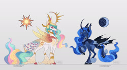 Size: 1920x1067 | Tagged: safe, artist:sakishithewolf, imported from twibooru, princess celestia, princess luna, alicorn, bat pony, pony, alternate cutie mark, alternate design, bat ponified, coat markings, colored hooves, colored wings, curved horn, duo, ear tufts, ethereal mane, facial hair, facial markings, feathered fetlocks, female, folded wings, freckles, goatee, gradient wings, hoof shoes, horn, hybrid wings, image, jewelry, needs more jpeg, pale belly, peacock feathers, race swap, raised hoof, redesign, regalia, royal sisters, royalty, siblings, sisters, standing, tail feathers, unshorn fetlocks, wings