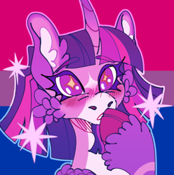 Size: 540x545 | Tagged: safe, artist:sakishithewolf, imported from twibooru, twilight sparkle, alicorn, pony, alternate design, bisexual pride flag, blushing, cheek fluff, cloven hooves, colored hooves, curved horn, ear fluff, facial markings, female, hoof fluff, horn, icon, image, mare, no pupils, png, pride, pride flag, solo, star (coat marking)