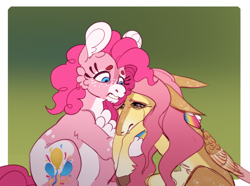 Size: 540x402 | Tagged: safe, artist:sakishithewolf, imported from twibooru, fluttershy, pinkie pie, earth pony, pegasus, pony, alternate design, chest fluff, coat markings, colored hooves, comforting, crying, duo, duo female, ear fluff, facial markings, female, folded wings, freckles, gradient background, green background, hug, image, mare, png, sad, simple background, wings