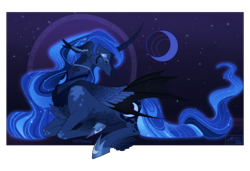 Size: 500x342 | Tagged: safe, artist:sakishithewolf, imported from twibooru, princess luna, alicorn, bat pony, pony, alternate design, bat ponified, coat markings, curved horn, ear tufts, ethereal mane, eyes closed, feathered fetlocks, female, hoof shoes, horn, hybrid wings, image, jewelry, lying down, mare, moon, night, night sky, png, race swap, regalia, sad, sky, solo, stars, wings