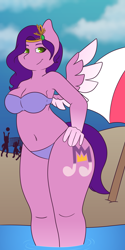 Size: 3600x7200 | Tagged: safe, artist:melonzy, imported from derpibooru, pipp petals, anthro, pegasus, beach, big breasts, bikini, bikini top, breasts, busty pipp petals, chubby, clothes, female, g5, hand on hip, legs in the water, legs together, partially submerged, pipp is chubby, plump, solo, stupid sexy pipp petals, swimsuit, water, wide hips