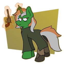 Size: 1500x1500 | Tagged: safe, artist:grandfinaleart, imported from derpibooru, oc, oc only, oc:four leaf, pony, unicorn, bags under eyes, boots, clothes, craft, digital art, engraving, female, gradient background, green fur, gun, handgun, horn, magic, magic aura, mare, orange eyes, orange hair, orange mane, pistol, revolver, shoes, simple background, solo, striped hair, striped mane, telekinesis, transparent background, trenchcoat, unicorn oc, weapon, white hair, white mane