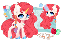 Size: 2927x1967 | Tagged: safe, artist:xsatanielx, imported from derpibooru, oc, oc only, oc:ruby wawe, pony, unicorn, adoptable, advertisement, auction, braid, chibi, jewelry, reference, simple background, solo, transparent background