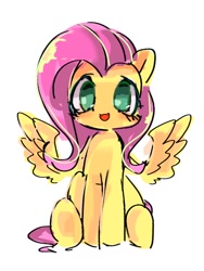 Size: 768x1024 | Tagged: safe, artist:pnpn_721, imported from derpibooru, fluttershy, pegasus, pony, cute, female, looking at you, mare, open mouth, open smile, shyabetes, simple background, sitting, smiling, smiling at you, solo, spread wings, underhoof, white background, wings