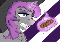 Size: 1024x727 | Tagged: safe, artist:moggsy, imported from derpibooru, oc, oc:spellbound, pony, unicorn, blue eyes, colored, cookie, eyeshadow, food, grey fur, grin, hat, levitation, magic, makeup, purple eyeshadow, purple hair, sharp teeth, smiling, solo, striped background, teeth, telekinesis, witch hat