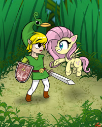 Size: 1280x1589 | Tagged: safe, artist:lennondash, imported from derpibooru, fluttershy, hylian, pegasus, pony, my little pony: pony life, crossover, duo, ezlo, female, flying, g4.5, grass, grin, link, looking at each other, looking at someone, male, mare, micro, open mouth, shield, smiling, sword, the legend of zelda, the legend of zelda: the minish cap, toon link, weapon