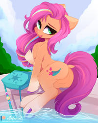 Size: 4000x5000 | Tagged: safe, artist:xsatanielx, imported from derpibooru, sunny starscout, earth pony, pony, bag, butt, chest fluff, cute, dock, female, fluttershy's cutie mark, g5, mare, open mouth, open smile, plot, rainbow dash's cutie mark, saddle bag, sky, smiling, solo, sunny starbutt, tail, twilight sparkle's cutie mark, underhoof, water