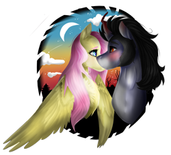 Size: 2655x2405 | Tagged: safe, artist:shineenjoy, imported from derpibooru, fluttershy, king sombra, pegasus, pony, unicorn, bust, female, male, mare, shipping, simple background, sombrashy, stallion, straight, transparent background