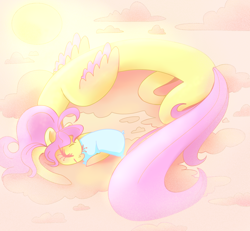 Size: 3510x3238 | Tagged: safe, artist:kaiyotezenboo, imported from derpibooru, fluttershy, pegasus, pony, absurd file size, cloud, cute, female, high res, long pony, mare, on a cloud, pillow, shyabetes, sleeping, sleeping on a cloud, solo, sun