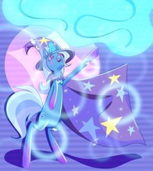 Size: 3244x3631 | Tagged: safe, artist:kaiyotezenboo, imported from derpibooru, trixie, pony, unicorn, absurd file size, bipedal, cape, clothes, female, gradient hooves, hat, high res, magic, mare, rearing, solo, wizard hat