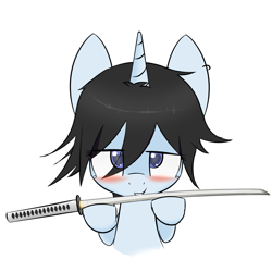 Size: 2299x2299 | Tagged: safe, artist:lofis, imported from derpibooru, oc, oc only, oc:lotus flow, pony, unicorn, blushing, bust, colored, female, katana, looking at you, mare, offering, simple background, solo, sword, weapon, white background