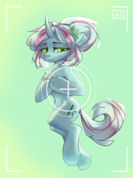 Size: 1800x2400 | Tagged: safe, artist:twinkling, imported from derpibooru, oc, oc only, pony, unicorn, camera shot, chest fluff, curved horn, horn, looking at you, smiling, solo