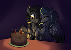 Size: 4745x3351 | Tagged: safe, artist:luxsimx, imported from derpibooru, oc, oc only, oc:arkessa, oc:eldin, pegasus, pony, birthday cake, cake, candle, duo, fangs, female, food, male, mare, stallion