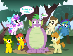 Size: 1920x1481 | Tagged: safe, artist:aleximusprime, imported from derpibooru, pound cake, princess flurry heart, pumpkin cake, spike, oc, oc:annie smith, oc:apple chip, oc:storm streak, alicorn, dragon, earth pony, pegasus, pony, unicorn, flurry heart's story, bow, buzzing wings, colt, commission, dialogue, fat, fat spike, female, filly, flying, foal, grin, hair bow, hide and seek, hoof on chin, male, offspring, older, older flurry heart, older pound cake, older pumpkin cake, older spike, parent:applejack, parent:oc:thunderhead, parent:rainbow dash, parent:tex, parents:canon x oc, parents:texjack, pointing, smiling, speech bubble, tree, wings