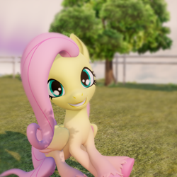 Size: 800x800 | Tagged: safe, artist:stitchsewcut, imported from derpibooru, fluttershy, pegasus, pony, 3d, cute, looking at you, outdoors, shyabetes, smiling, smiling at you, solo