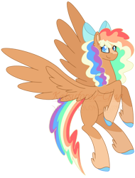 Size: 600x788 | Tagged: safe, artist:katsuforov-chan, imported from derpibooru, oc, oc only, oc:honey gold, pegasus, blaze (coat marking), bow, coat markings, colored pupils, facial markings, feathered fetlocks, freckles, hair bow, hooves, magical lesbian spawn, multicolored hair, next generation, offspring, parent:applejack, parent:rainbow dash, parents:appledash, rainbow hair, simple background, smiling, socks (coat markings), solo, transparent background, watermark