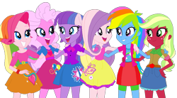 Size: 1023x566 | Tagged: safe, artist:03daimond24, artist:durpy, artist:kinnichi, artist:selenaede, artist:the smiling pony, imported from derpibooru, applejack (g3), fluttershy (g3), pinkie pie (g3), rainbow dash (g3), rarity (g3), twilight twinkle, human, equestria girls, base used, belt, bowtie, bracelet, clothes, cutie mark on clothes, equestria girls-ified, g3, g3 to equestria girls, g3 to g4, g4, generation leap, hand on hip, hand on shoulder, jacket, jewelry, shirt, simple background, skirt, smiling, tanktop, transparent background