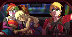 Size: 3530x1835 | Tagged: safe, artist:littletigressda, imported from derpibooru, applejack, big macintosh, rainbow dash, human, equestria girls, appledash, bare shoulders, blushing, car, car interior, commission, driving, fall formal outfits, female, high res, lesbian, lesbian in front of boys, male, shipping, sleeveless, steering wheel, strapless