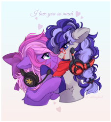 Size: 1164x1286 | Tagged: safe, artist:whiteliar, imported from derpibooru, oc, oc:cinnabyte, oc:lillybit, pony, bandana, bow, clothes, commission, female, gaming headphones, gaming headset, headphones, headset, lesbian, mare, oc x oc, ribbon, shipping, socks, striped socks, your character here