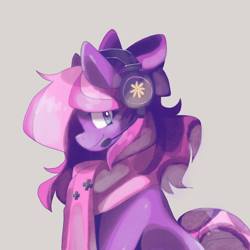 Size: 2048x2048 | Tagged: safe, artist:drakenstel, imported from derpibooru, oc, oc only, oc:lillybit, pony, adorkable, bow, clothes, cute, dork, female, gaming headphones, gaming headset, headphones, headset, mare, ribbon, scarf, smiling, solo