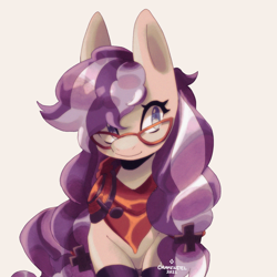 Size: 2048x2048 | Tagged: safe, artist:drakenstel, imported from derpibooru, oc, oc only, oc:cinnabyte, pony, adorkable, bandana, cinnabetes, clothes, cute, dork, female, gaming headset, glasses, headphones, headset, mare, smiling, socks, solo, striped socks