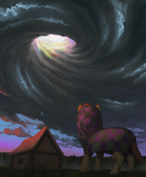 Size: 1280x1556 | Tagged: safe, artist:redruin01, imported from derpibooru, oc, oc only, pony, fanfic:reset the clock, cloak, clothes, cloud, commission, fanfic art, house, lightning, low angle, sky, solo