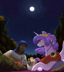 Size: 1280x1443 | Tagged: safe, artist:redruin01, imported from derpibooru, alicorn, human, pony, fanfic:reset the clock, commission, dark skin, fanfic art, food, ice cream, moon, night, stars