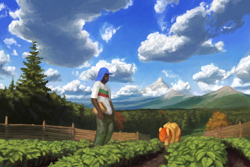 Size: 1280x853 | Tagged: safe, artist:redruin01, imported from derpibooru, oc, oc only, human, pegasus, pony, fanfic:reset the clock, commission, dark skin, fanfic art, fence, field, forest, mountain, mountain range, scenery, sky