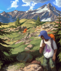 Size: 1280x1503 | Tagged: safe, artist:redruin01, imported from derpibooru, oc, oc only, human, pegasus, pony, fanfic:reset the clock, commission, dark skin, fanfic art, forest, mountain, rock, scenery