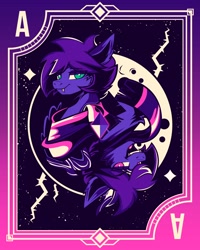 Size: 1638x2048 | Tagged: safe, artist:poxy_boxy, imported from derpibooru, oc, oc only, oc:fenris ebonyglow, original species, pegasus, pony, timber pony, timber wolf, card, clothes, gradient background, male, moon, scarf, stallion