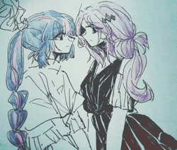 Size: 1680x1426 | Tagged: safe, artist:fyosisui4444, imported from derpibooru, rarity, twilight sparkle, human, equestria girls, clothes, dress, duo, duo female, eye clipping through hair, female, humanized, lesbian, looking at each other, looking at someone, rarilight, shipping, simple background, traditional art, white background