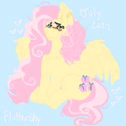 Size: 800x800 | Tagged: safe, artist:cattlv, imported from derpibooru, fluttershy, pegasus, pony, 2022, blue background, blushing, female, heart, long mane, mare, simple background, sitting, smiling, solo