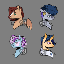 Size: 1600x1600 | Tagged: safe, artist:moddiimi, imported from derpibooru, oc, oc only, unnamed oc, changepony, earth pony, hybrid, pegasus, pony, unicorn, zony, bust, ear piercing, earring, female, gray background, interspecies offspring, jewelry, magical lesbian spawn, male, mare, nose piercing, nose ring, offspring, palindrome get, parent:big macintosh, parent:fluttershy, parent:party favor, parent:pinkie pie, parent:princess luna, parent:rarity, parent:thorax, parent:zecora, parents:fluttermac, parents:lucora, parents:partypie, parents:rarax, piercing, simple background, stallion, watermark