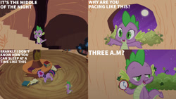Size: 1280x720 | Tagged: safe, edit, edited screencap, editor:quoterific, imported from derpibooru, screencap, spike, twilight sparkle, dragon, pony, unicorn, it's about time, season 2, clock, duo, duo male and female, female, floppy ears, golden oaks library, male, mare, night, nose in the air, open mouth, text, unicorn twilight